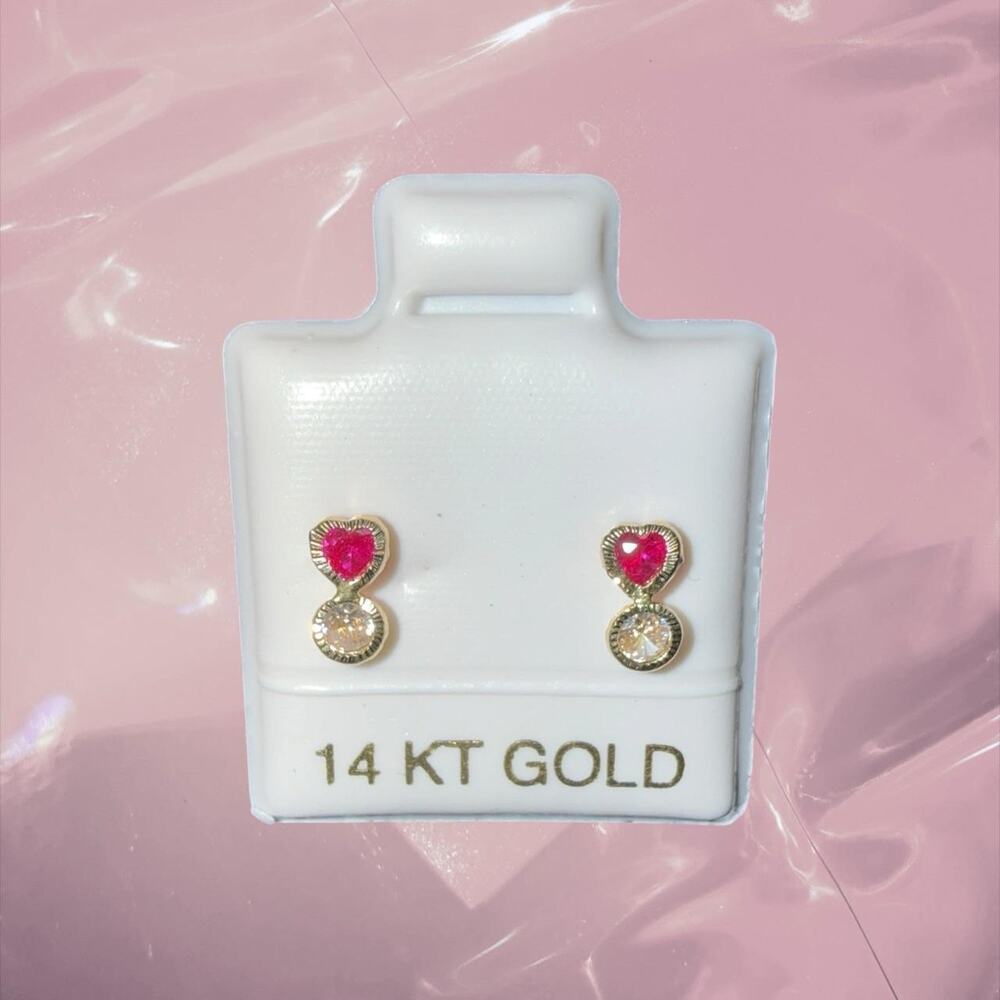 Y2K fairycore 14k gold heart stud earrings with pink heart and CZ diamond stone